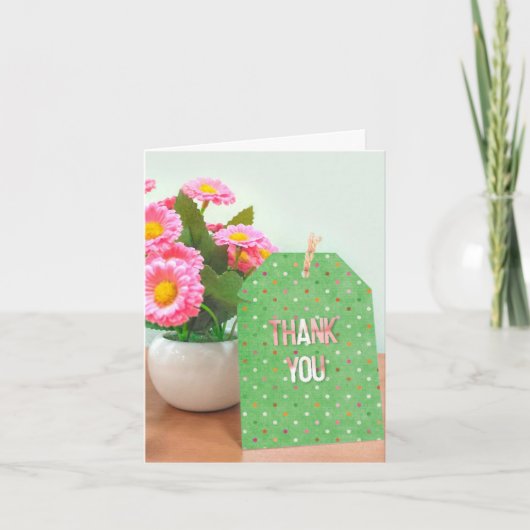 感謝してい水玉模様ラベル付きお花ポット サンキューカード (正面)