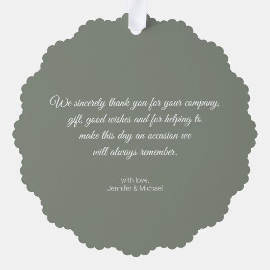 感謝してい白スタイリッシュタイポグラフィの写真結婚。 オーナメントカード (裏面)