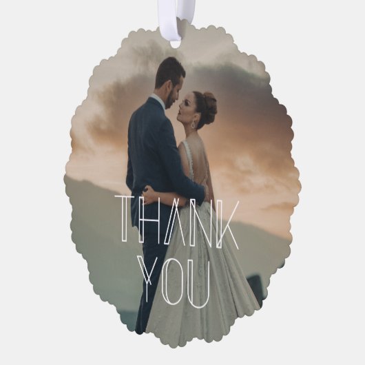 感謝してい白スタイリッシュタイポグラフィの写真結婚。 オーナメントカード (左)
