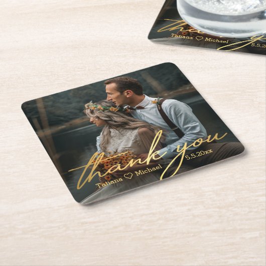 感謝してい金の手書き結婚の写真 スクエアペーパーコースター (アングル)