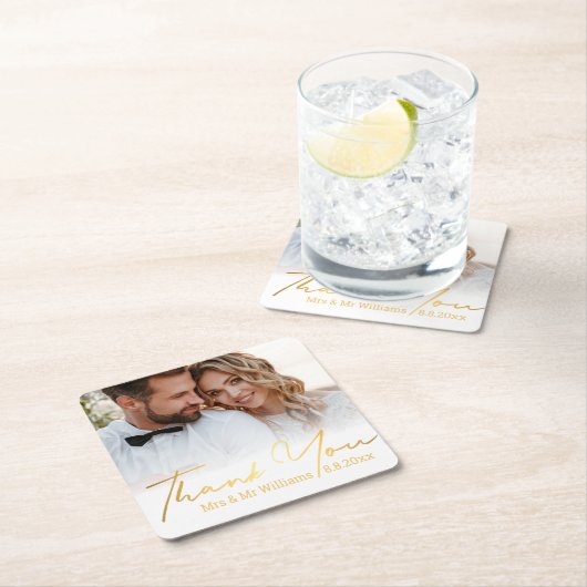 感謝してい金ゴールド結婚台本の写真ミセス スクエアペーパーコースター (インサイチュ)