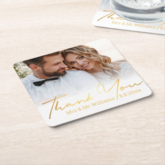 感謝してい金ゴールド結婚台本の写真ミセス スクエアペーパーコースター (アングル)