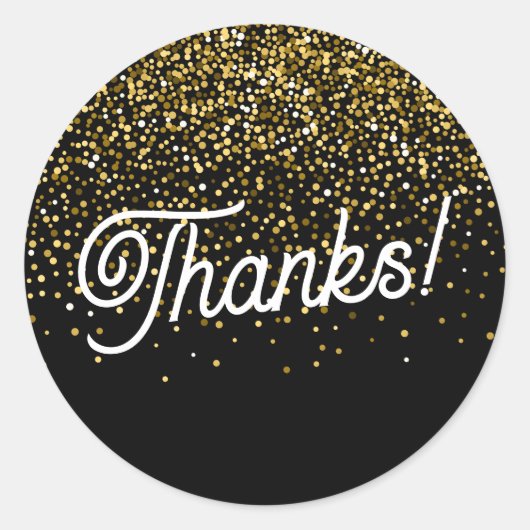 感謝してい!黒と金ゴールドの紙吹雪 ラウンドシール (正面)