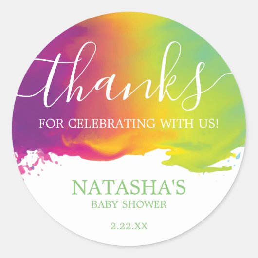 感謝していRainbow Waterカラー絵を描（ばちゃばちゃ）跳ねる、Green ラウンドシール (正面)