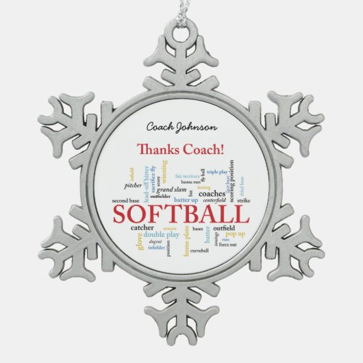 感謝していSoftballコーチの言葉グループ、チーム、レッド スノーフレークピューターオーナメント (正面)