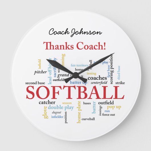 感謝していSoftballコーチの言葉グループ、チーム、レッド ラージ壁時計 (正面)