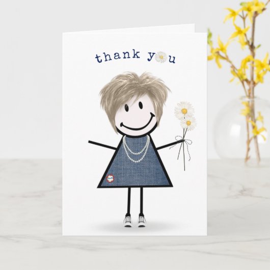 感謝するフィギュア女の子とデイジー カード (黄色い花)