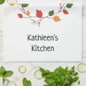 感謝と幸せのオレンジ色と赤色の葉 キッチンタオル (折り畳み)