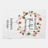 感謝と幸せの落ち葉 オレンジ レッド キッチンタオル (横)