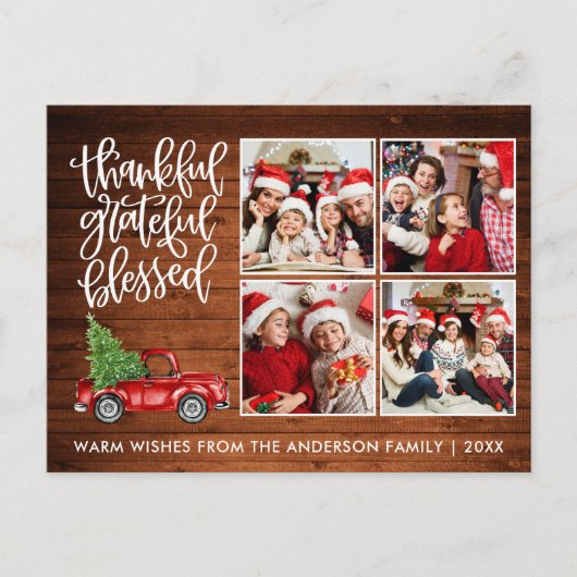 感謝と幸福に満ちた木製トラックの4枚写真 ポストカード (正面)