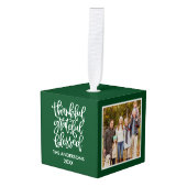 感謝と幸福の3枚写真コラージュ 緑 キューブオーナメント (正面アングル)