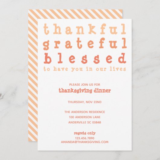 感謝と幸福 感謝と幸せ 祝福された ストライプ 感謝祭 招待状 (正面/裏面)