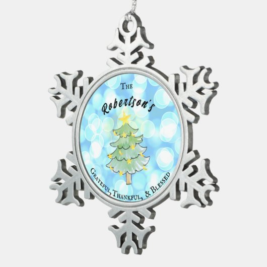 感謝と感謝と感謝賛美とパーソナライズされた スノーフレークピューターオーナメント (右)