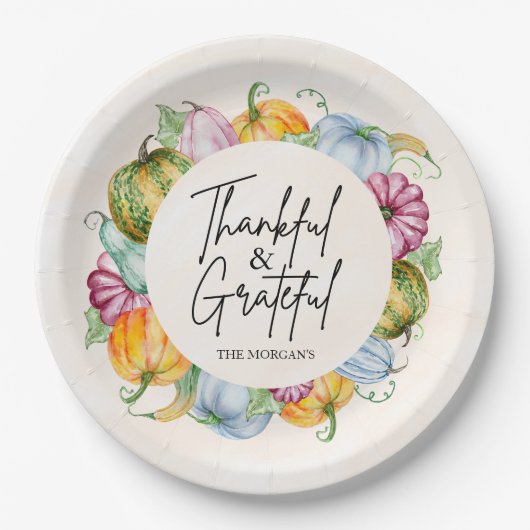 感謝と感謝の水色カボチャ秋 ペーパープレート (正面)