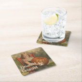 感謝と感謝 | ヴィンテージガールとカボチャ スクエアペーパーコースター (インサイチュ)