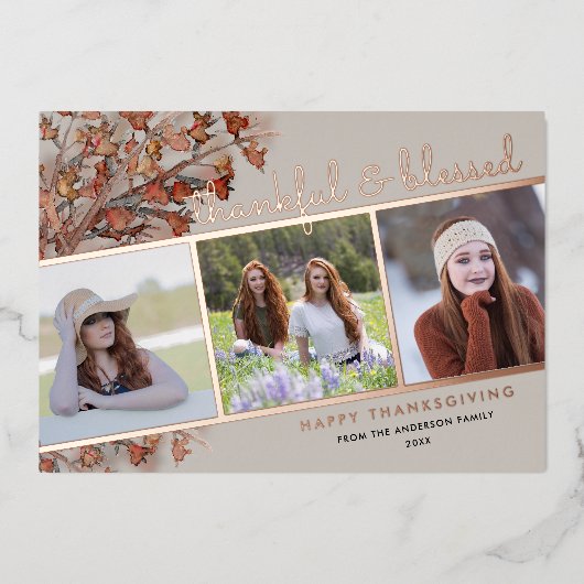 感謝と賛美3枚の写真感謝祭バラ金ゴールド 箔シーズンカード (正面)