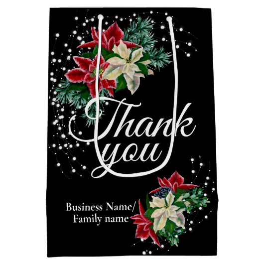 感謝と賞賛のポインセチア フラワー ブラック ミディアムペーパーバッグ (裏面)