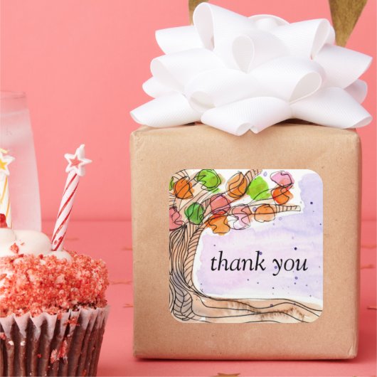 感謝のお洒落意 – 水彩葉樹 スクエアシール (パーティー)