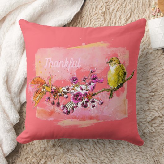 感謝のさくらんぼの花とフィンチ枕 クッション (ブランケット)