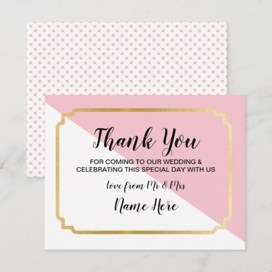 感謝のウェディングカード ピンク ゴールド エレガント ドット 招待状 (正面/裏面)