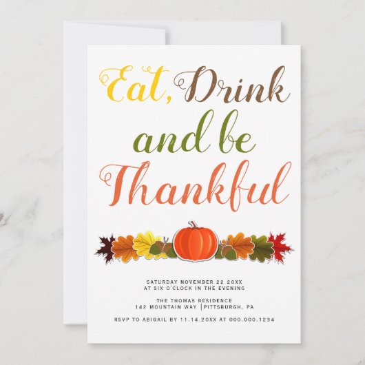 感謝のカボチャの葉タイポグラフィ感謝祭 招待状 (正面)