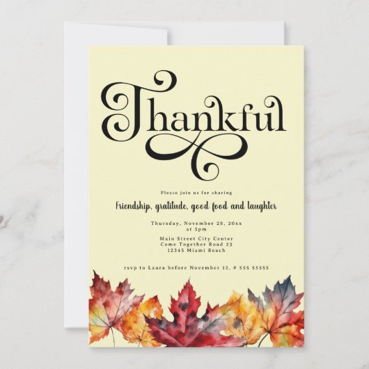感謝のスクリプトウォーターカラーの葉 黄色のマスタード 招待状 (正面)