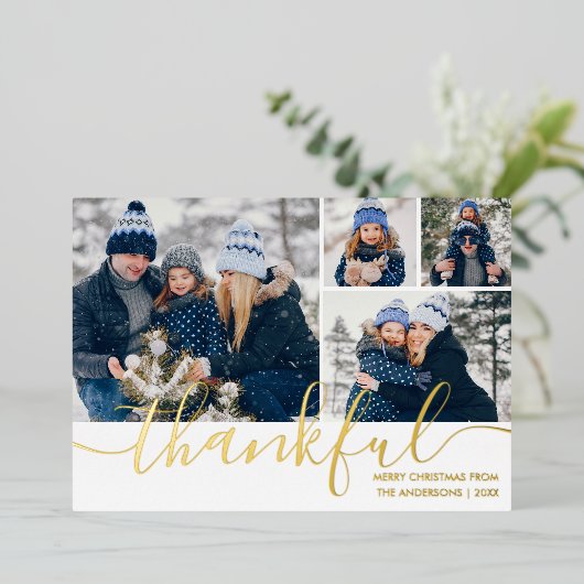 感謝のスクリプト4写真クリスマス金ゴールド 箔シーズンカード (立ち正面)