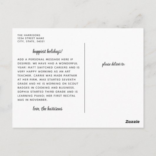 感謝のホワイトスクリプトオーバーレイ完全なフォトホリデー ポストカード (裏面)