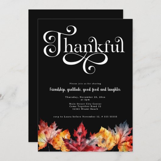 感謝のホワイトスクリプト水の色離れ黒色 招待状 (正面/裏面)