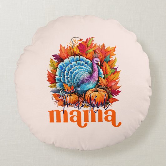 感謝のママターキーと紅葉の葉 ラウンドクッション (正面)