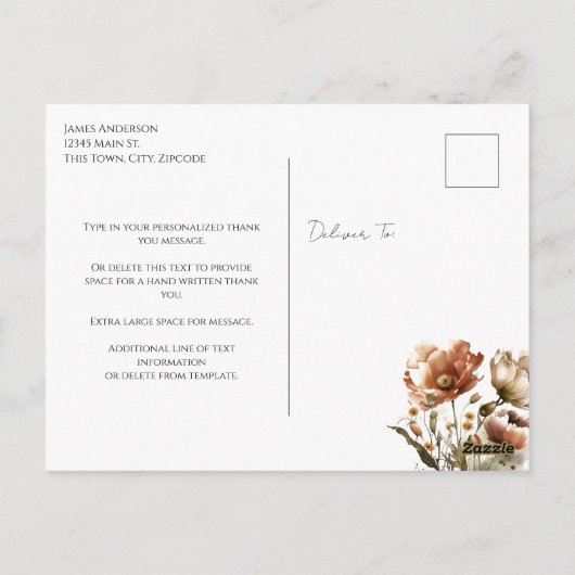 感謝のメッセージ 水彩のワイルドフラワー ポストカード (裏面)