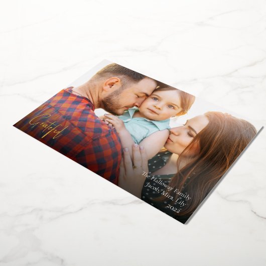 感謝のモダンクリスマススクリプトの完全な写真金ゴールド 箔シーズンカード (回転した状態)