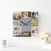感謝のモダン瞬間8枚の写真コラージュのグリッドグレー スクエア壁時計 (ホーム)