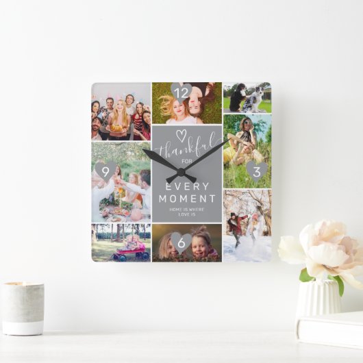 感謝のモダン瞬間8枚の写真コラージュのグリッドグレー スクエア壁時計 (ホーム)