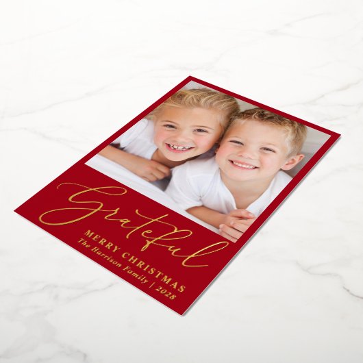 感謝の写真赤メリークリスマス 箔シーズンカード (回転した状態)