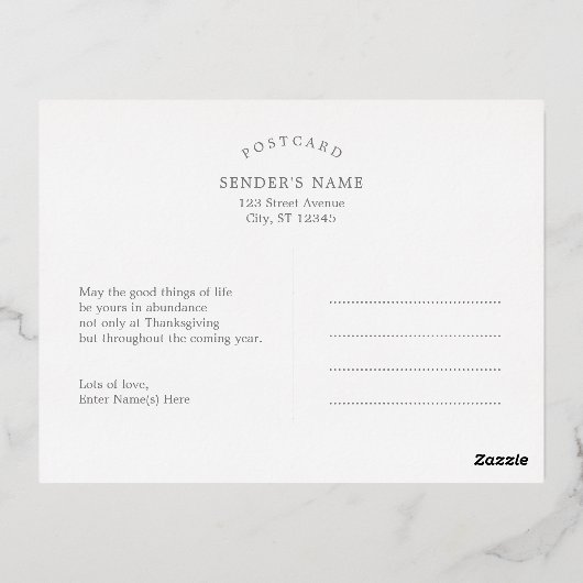 感謝の季節のフォイル写真感謝祭はがき 箔シーズンポストカード (裏面)