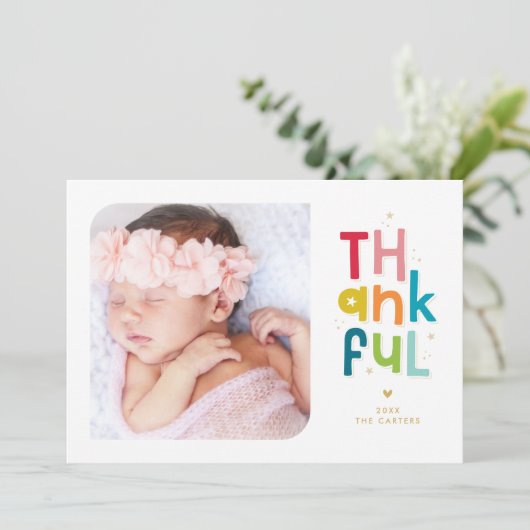 感謝の家族の写真の明モダンるいカラフル シーズンカード (スタンド正面)