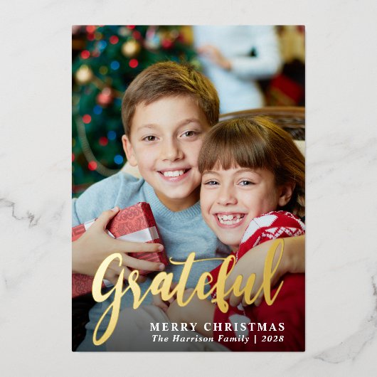 感謝の家族の写真メリークリスマス 箔シーズンカード (正面)