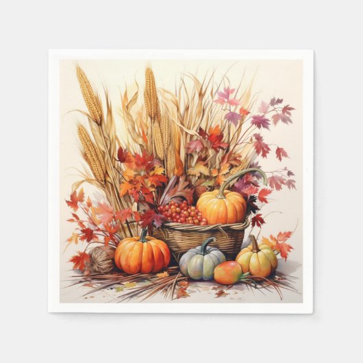 感謝の小麦:葉と花模様 スタンダードカクテルナプキン (正面)