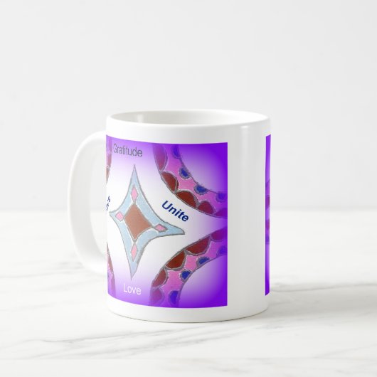 「感謝の平和ラブユナイト」マンダラアートプリント コーヒーマグカップ (正面左)