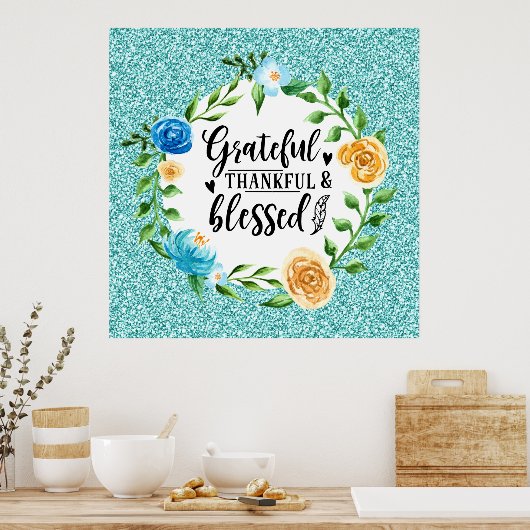 感謝の感謝賛美のフローラ水の色リース ポスター (キッチン)