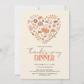 感謝の気持ちでいっぱいのハートとカボチャの感謝祭ディナー 招待状 (正面)