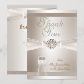 感謝の気持ちを伝えるウェディング ダマスク クリーム ホワイト シャンパン サンキューカード (正面/裏面)