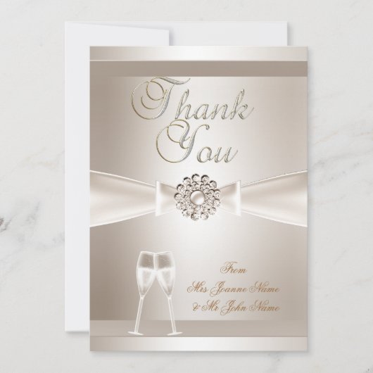 感謝の気持ちを伝える ウェディング ダマスク クリーム ホワイト シャンパン サンキューカード (正面)