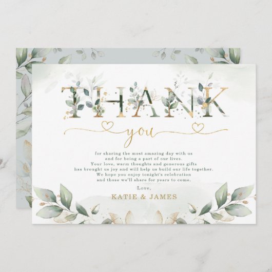 感謝の気持ちを表すウェディングサンクスカード　セージグリーンの葉のユーカリ 招待状 (正面/裏面)