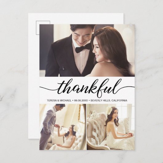 感謝の気持ちを表すエレガントなスクリプトの結婚式写真　ありがとう ポストカード (正面/裏面)