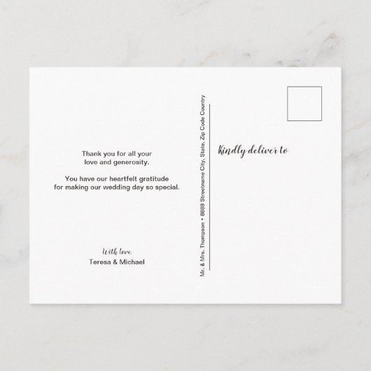 感謝の気持ちを表すエレガントなスクリプトの結婚式写真　ありがとう ポストカード (裏面)