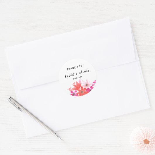 感謝の気持ちを表すフラワーデザインのクラシックな丸型ステッカー ラウンドシール (封筒)