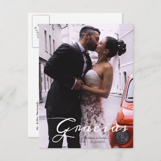 感謝の気持ちを表す 現代スペイン語スクリプト フォト ネーム&日付 案内ポストカード (正面/裏面)