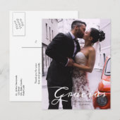 感謝の気持ちを込めたモダンスクリプトフォントの写真付き名前と日付 案内ポストカード (正面/裏面)